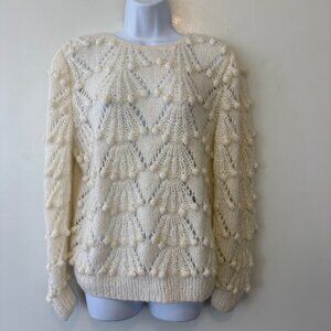 Vintage Christine Ivory Hand Knit Bobble Pullover Sweater Womens Medium